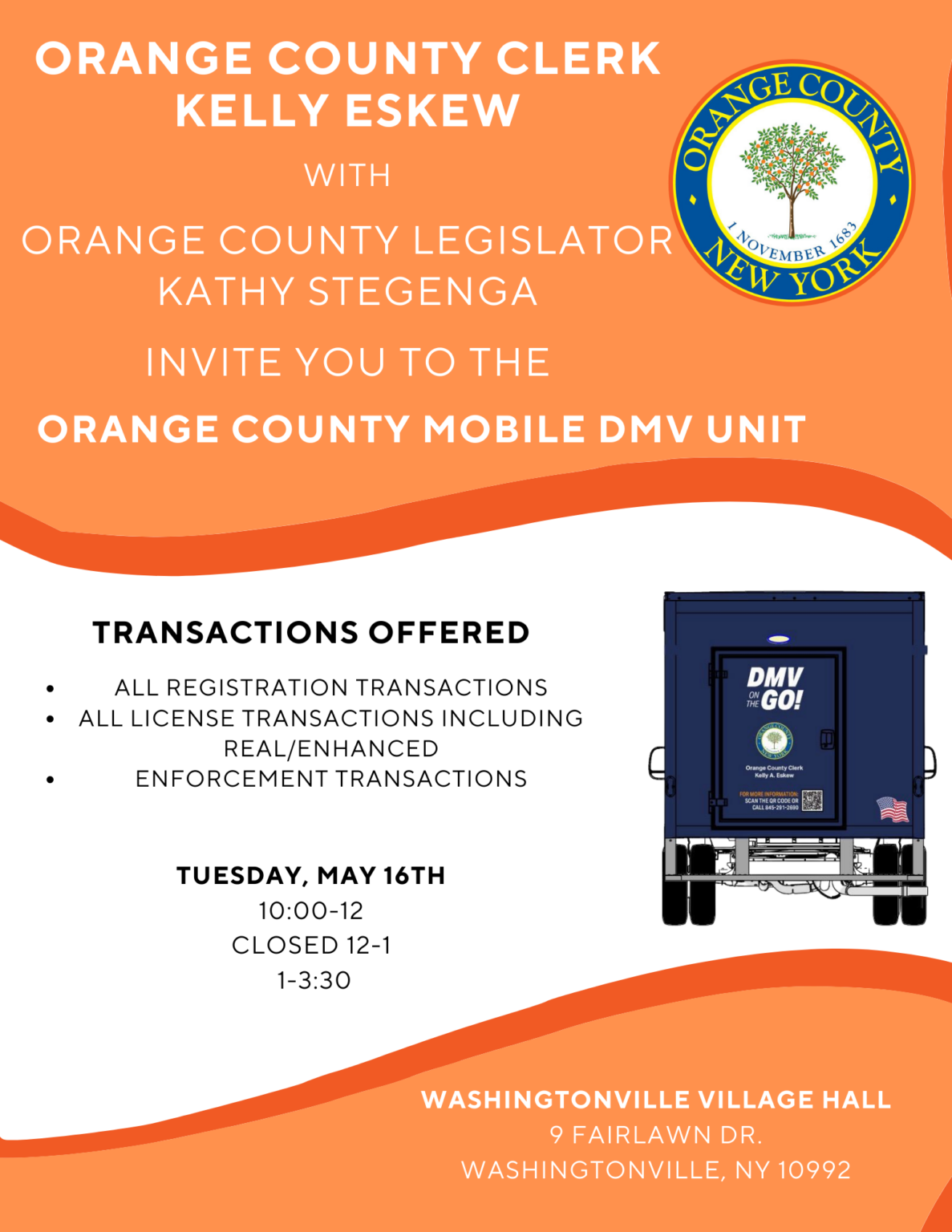 Mobile DMV at Washingtonville Village Hall Tuesday May 16th Village